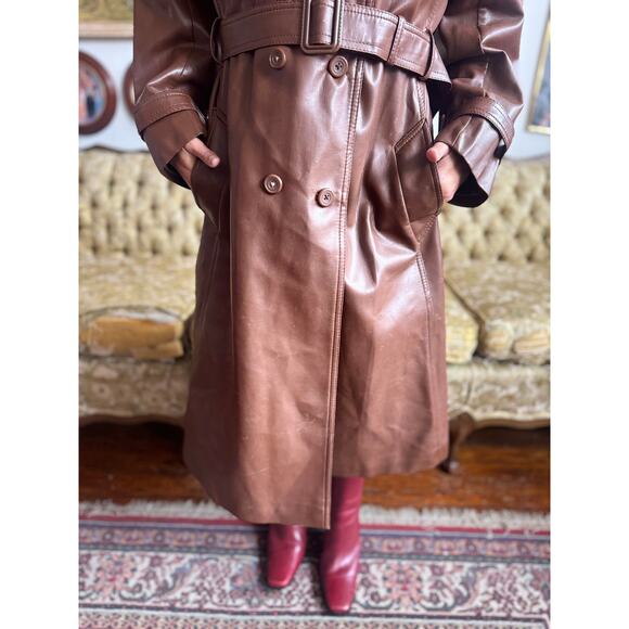 70s Faux Leather Chocolate Leather Trench Coat Size M/L 32" by Amerex - Picture 5 of 14